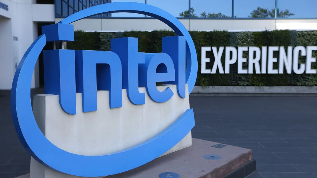 The Intel logo is displayed outside of the Intel headquarters on April 26, 2018 in Santa Clara, California.