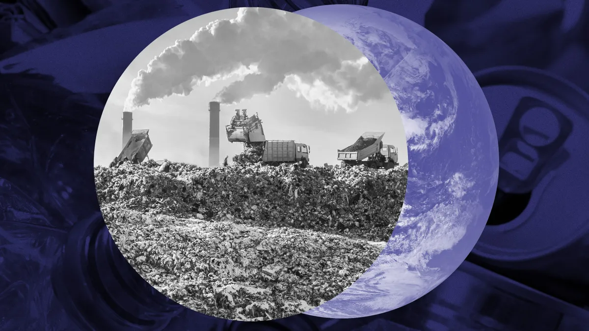 A photo illustration of two overlapping circles. One is an image of earth and the other is a trucks on a landfill with smokestacks in the background.