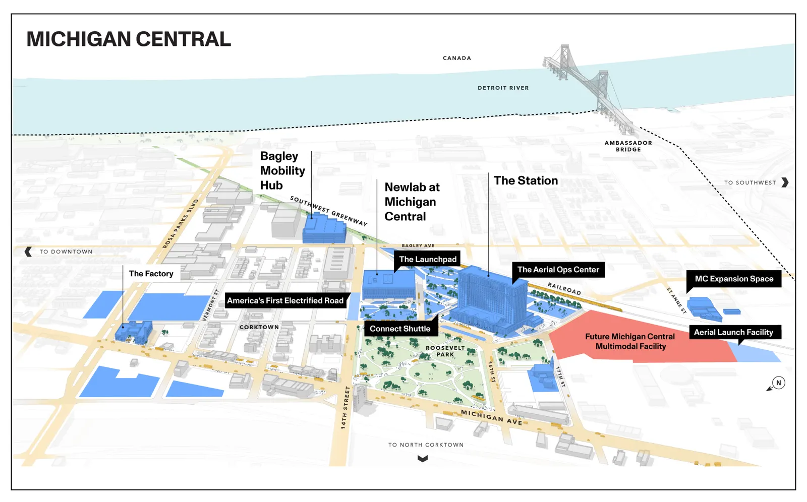 Illustration of downtown Detroit showing where the future intermodal facility will be location.