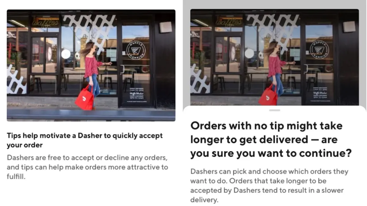 Side-by-side screenshots show DoorDash's in-app tip reminder screen.