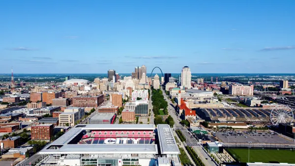 A view of the St. Louis city skyline in Missouri.