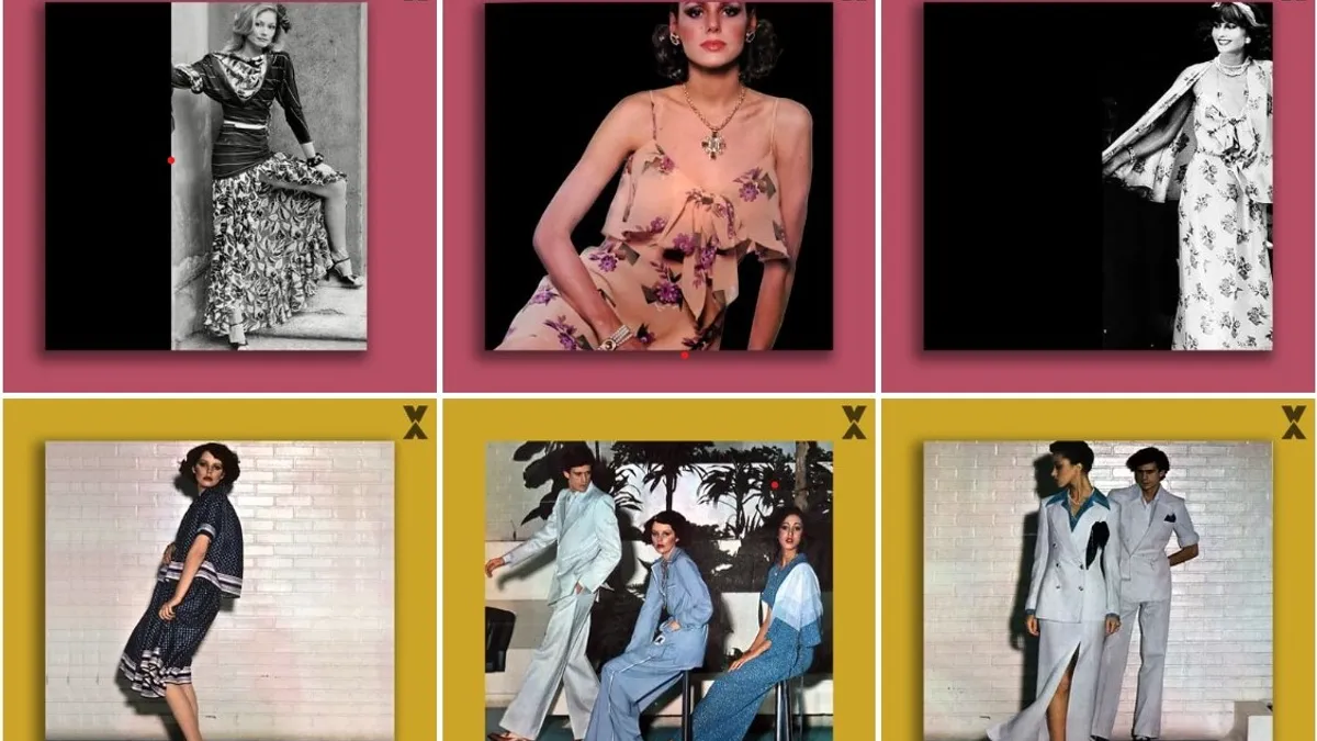 Screenshot of an Instagram page featuring six panels of 1970s fashion on models.