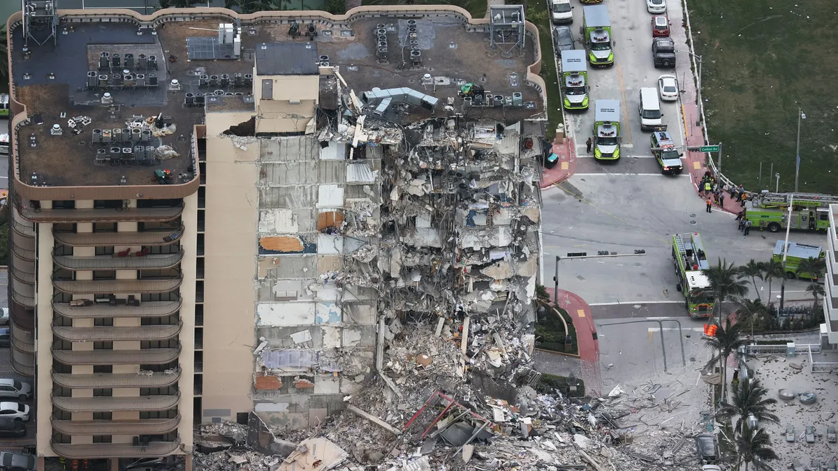 Overhead view of partially collapsed high-rise building.