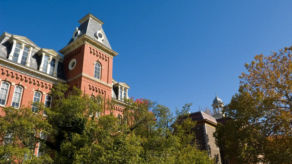 A building surrounded by trees on West Virginia University's Morgantown campus.