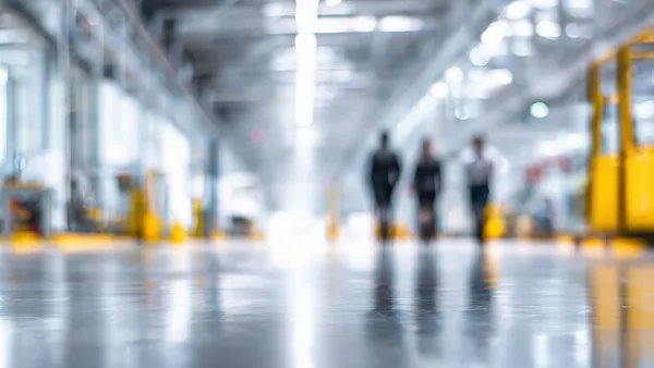 Blurred industrial interior with reflections on a shiny floor. Three figures, indistinct, walk through a spacious, well-lit factory environment, conveying a sense of activity and modernity.