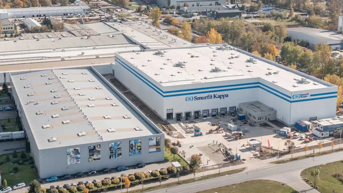 Aerial view of a Smurfit Kappa corrugated production facility in Poland