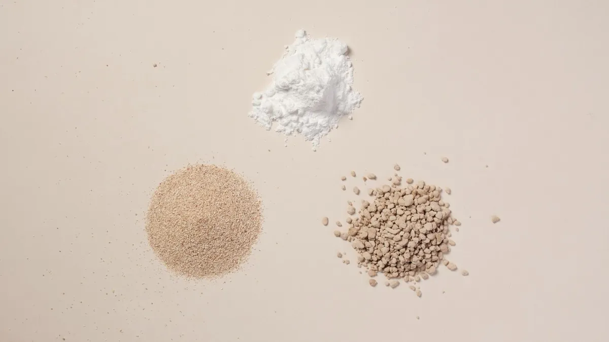 Supplant's sweetener (top) and different forms of plant fibers as they are processed to make it.