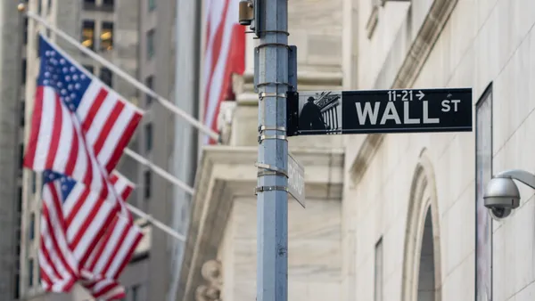 The Wall Street sign in the Financial District of Lower Manhattan in New York City.