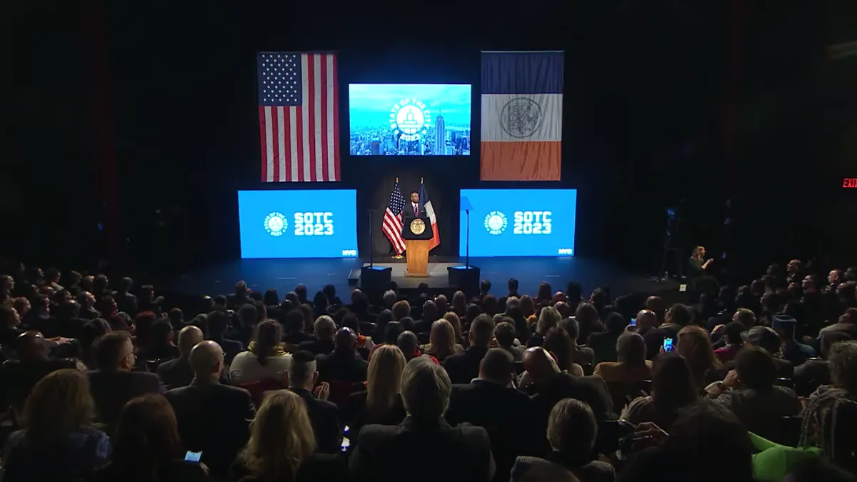 New York City Mayor Eric Adams delivers second state of the city address at the Queens Theatre in Queens, New York, on Jan. 26, 2023.