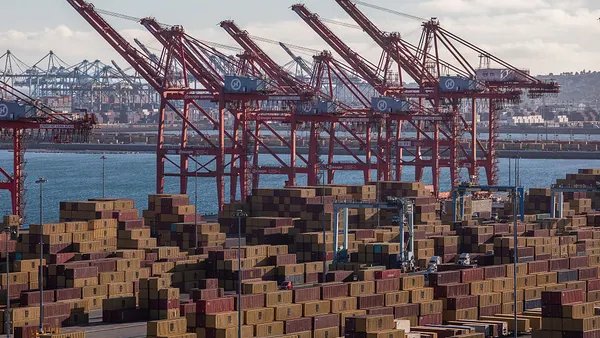Stacks of shipping containers are seen at the Port of Long Beach.