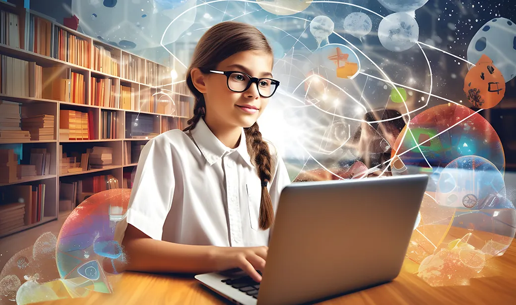 A young student wearing glasses works on a laptop, surrounded by abstract scientific and mathematical illustrations, in a library setting.