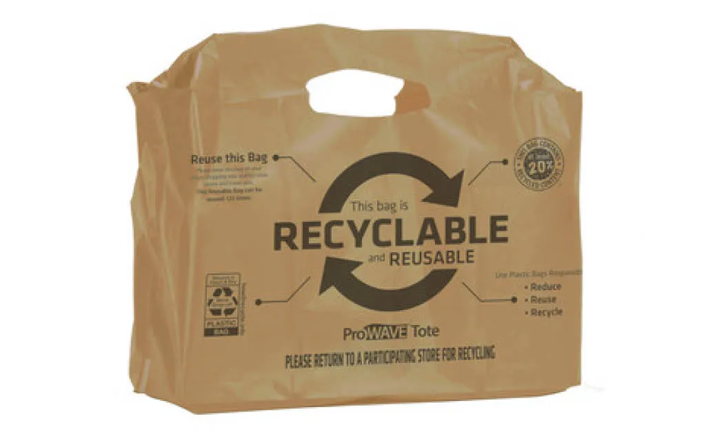 Novolex recyclable, reusable ProWAVE Tote, which nwo features a gauge film that's manufactured with a minimum of 40% post-consumer recycled material