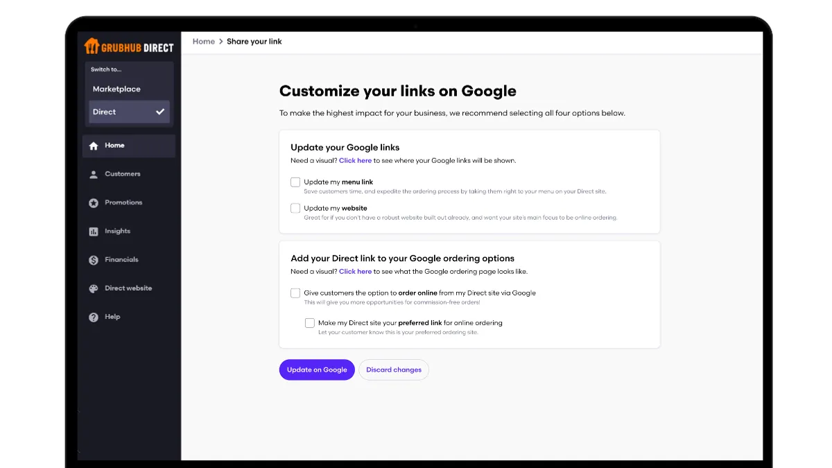 An image of Grubhub Direct's Google integration feature
