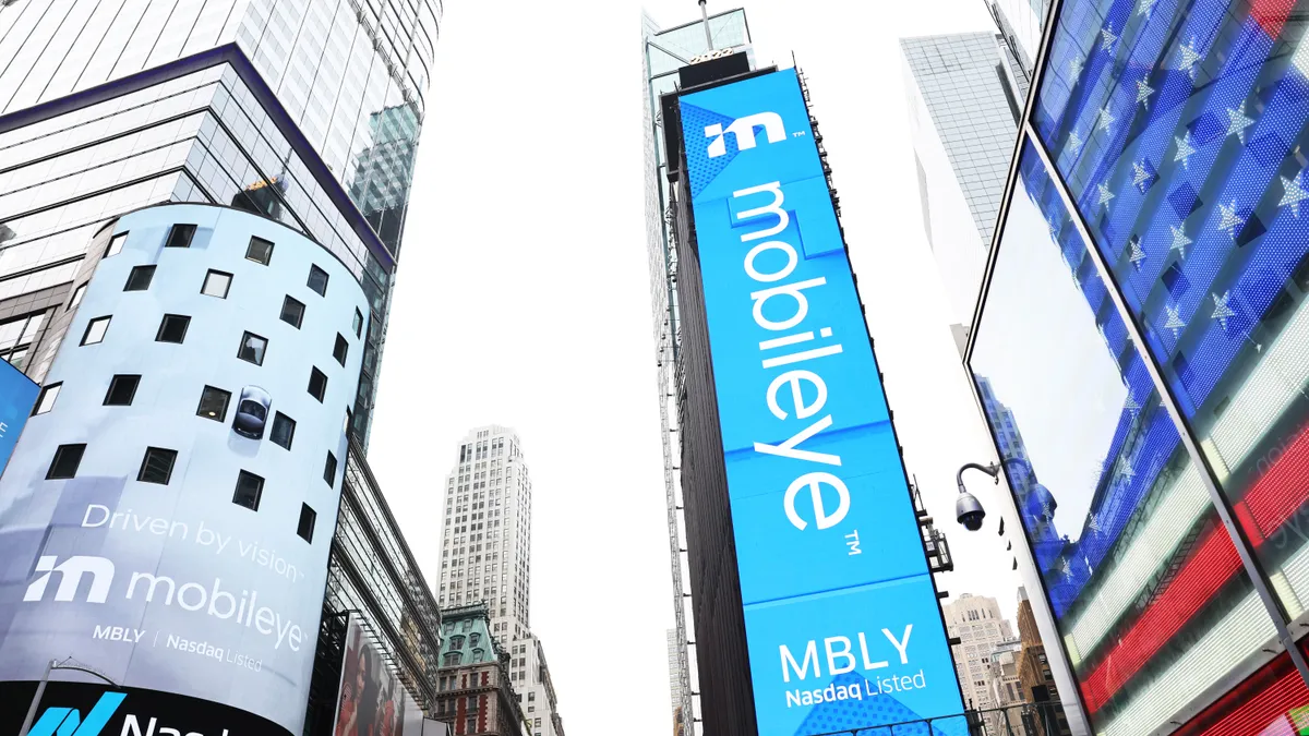 Lighted Mobileye sign on a building in New York.