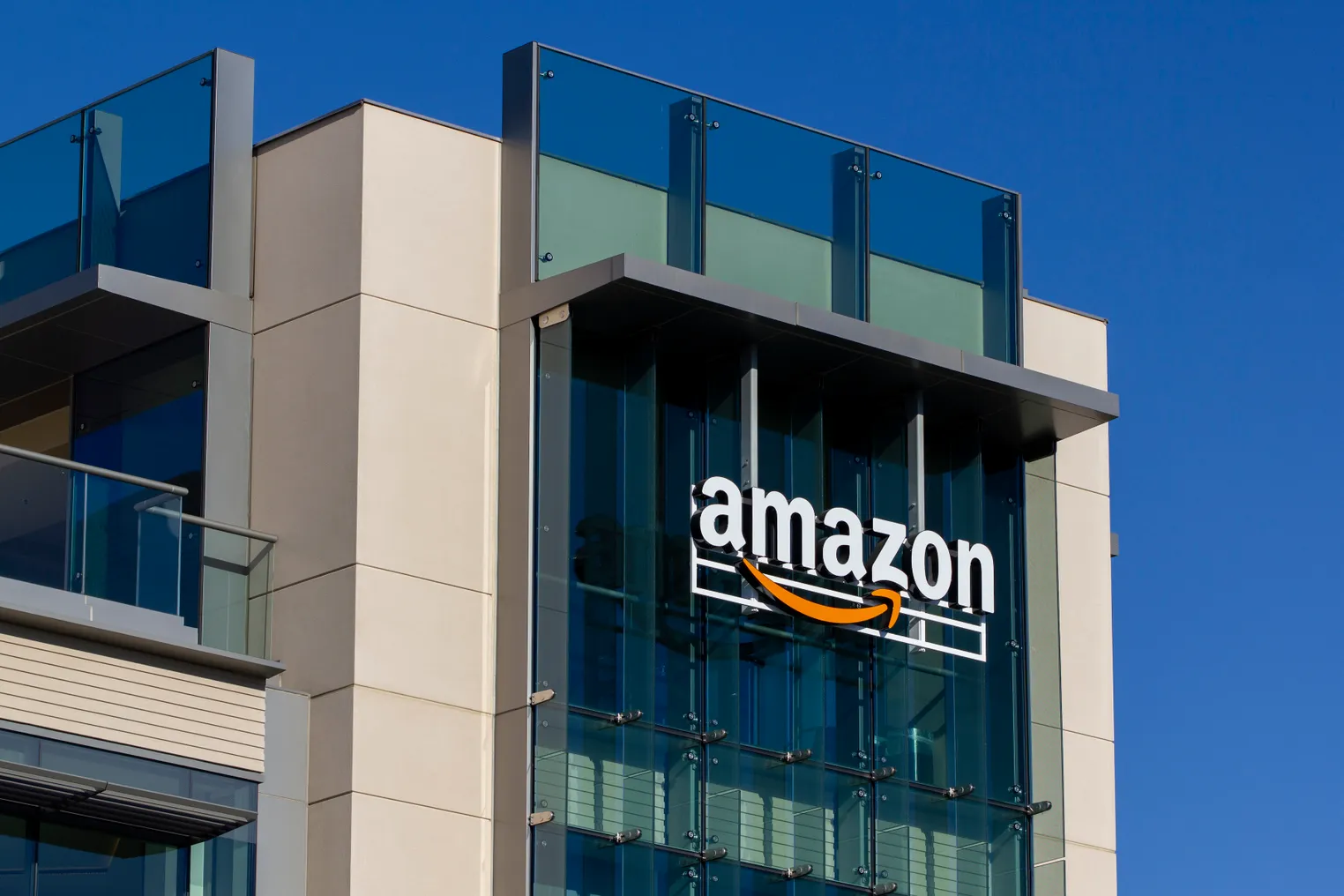 The Amazon logo seen at Amazon campus in Palo Alto, California on February 18, 2020.