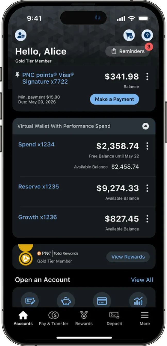 A screenshot of PNC's new mobile app shows "Hello, Alice" atop various account details and information, and a navigation bar at the bottom.