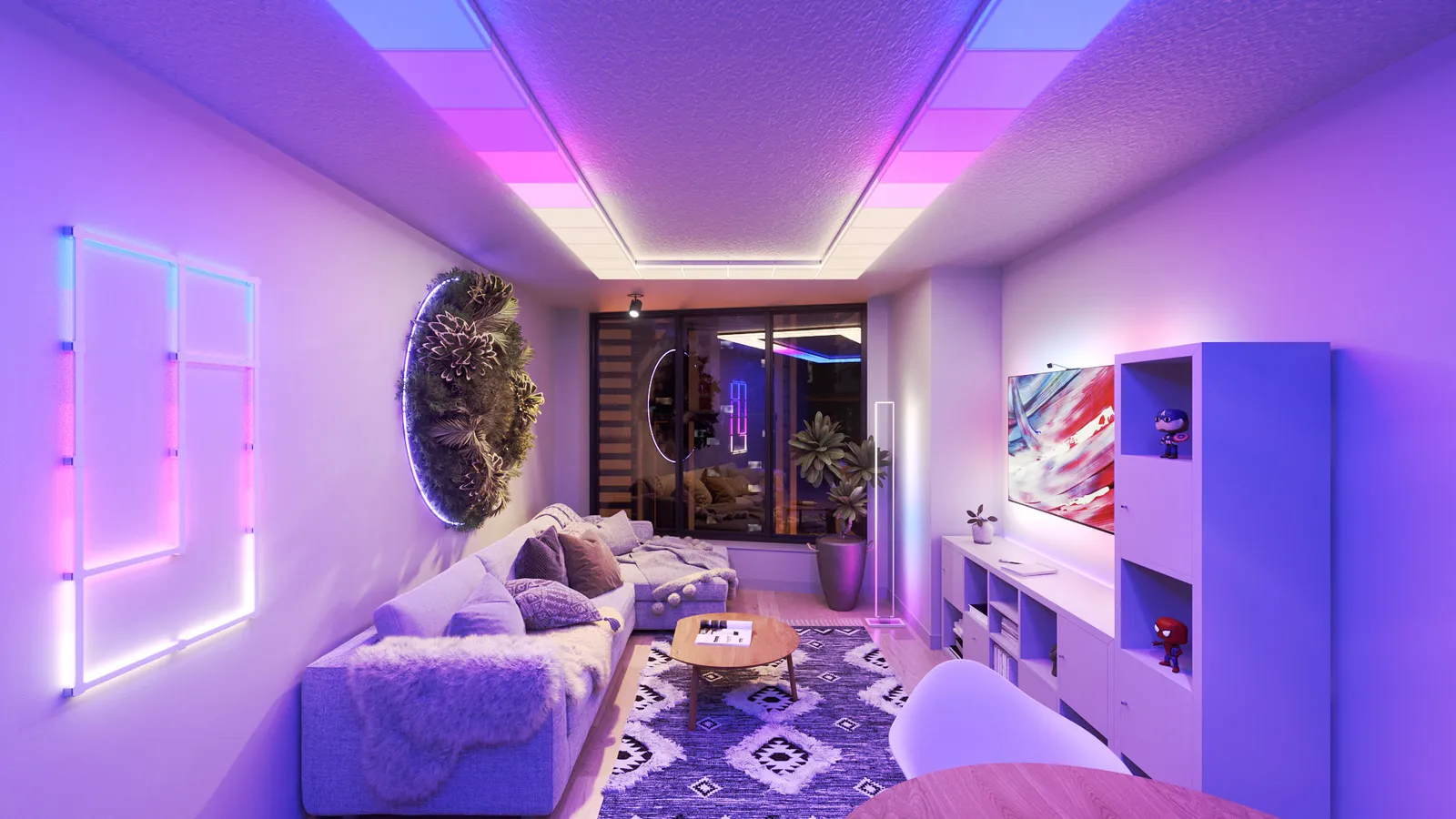 A living room lit with purple, pink and white lights, with a couch and a shelving unit.