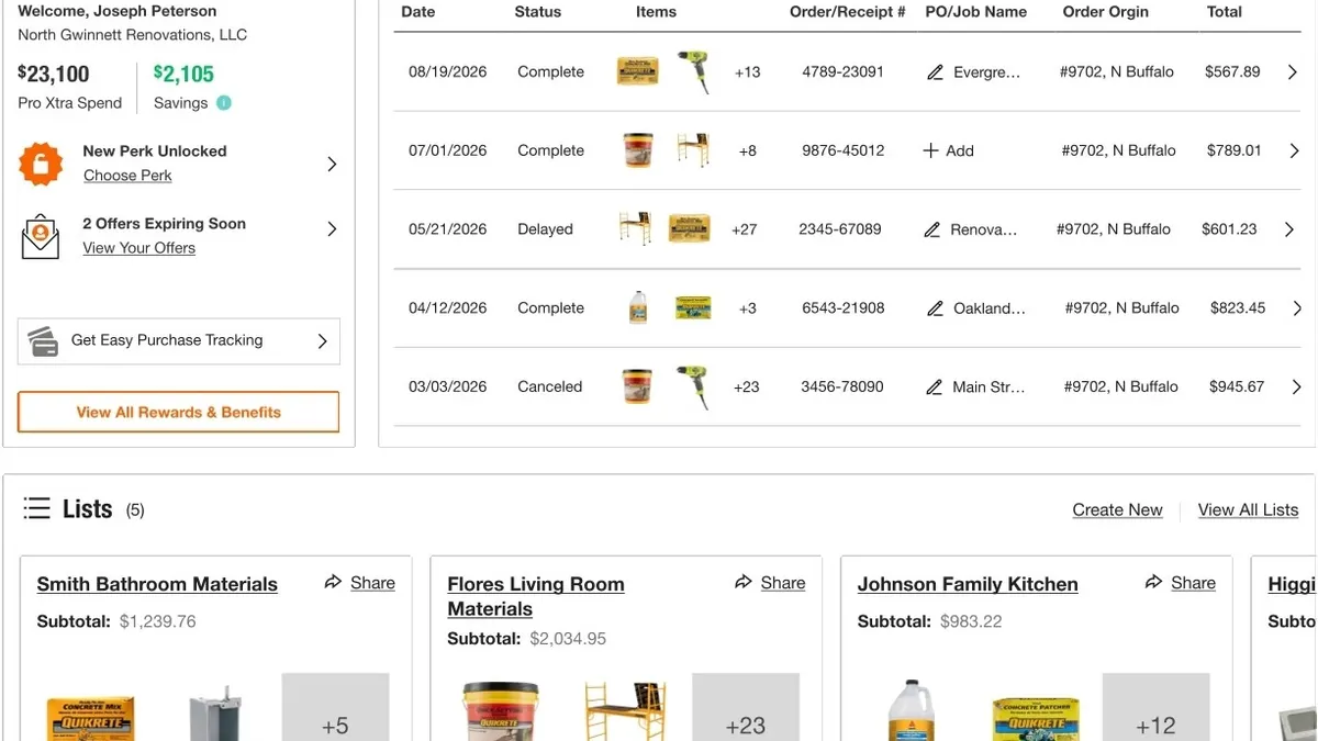 A screenshot of a Home Depot member hub showing recent orders and rewards points.