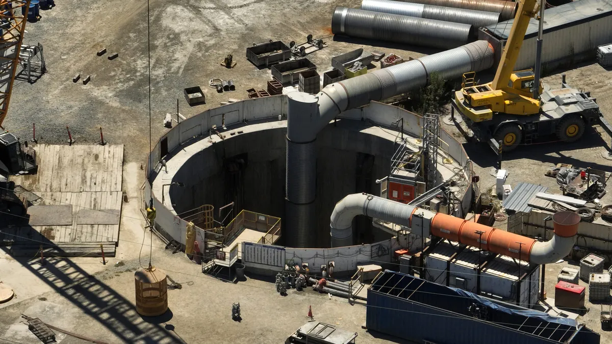 An aerial view shows the only entrance to a wastewater tunnel in Los Angeles that partially collapsed.