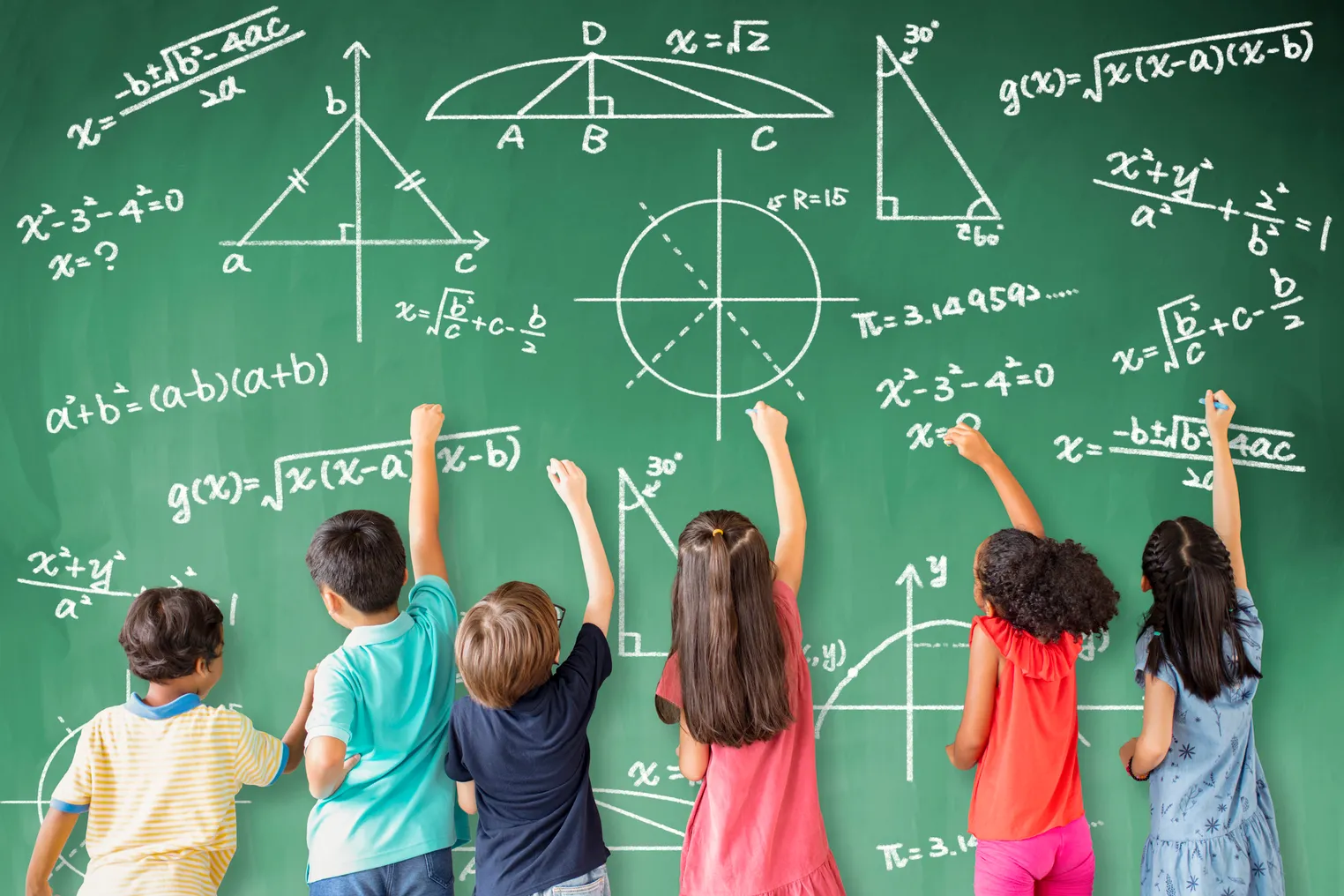 Six students face a classroom chalkboard and, with their right hands, use chalk to work on math equations.