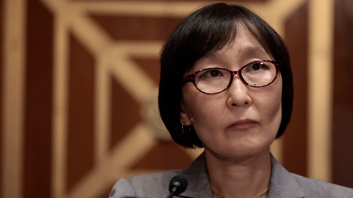 Dr. Saule Omarova speaks during her nomination hearing to be the Comptroller of the Currency with the Senate Banking, Housing and Urban Affairs Committee on Capitol Hill on November 18, 2021 in Washin