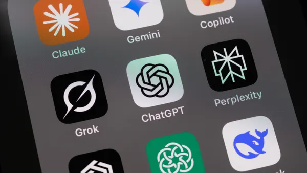 Apple iPhone screen with icons for ChatGPT, DeepSeek, Gemini, Copilot, Grok, Claude and other AI applications.
