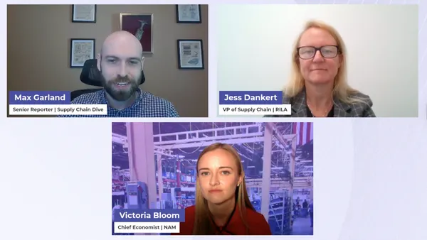 A screenshot of three boxed panels in a webinar, each with a person inside the panel box.