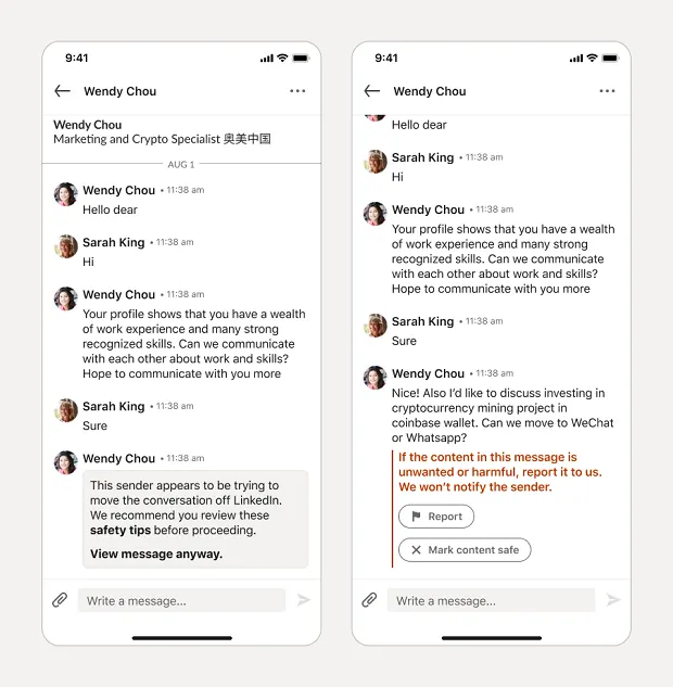 LinkedIn spam message screens example