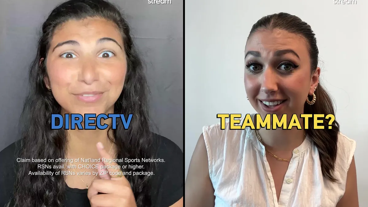 A side-by-side of two people streaming demonstrating DirecTV's social media takeover with Team Whistle around the college and NFL football seasons.