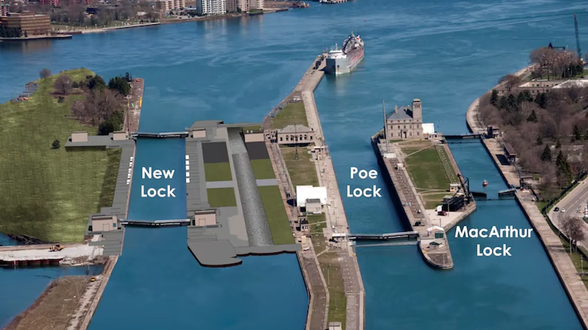 Rendering shows an aerial view of the new lock, the Poe lock and the MacArthur lock.