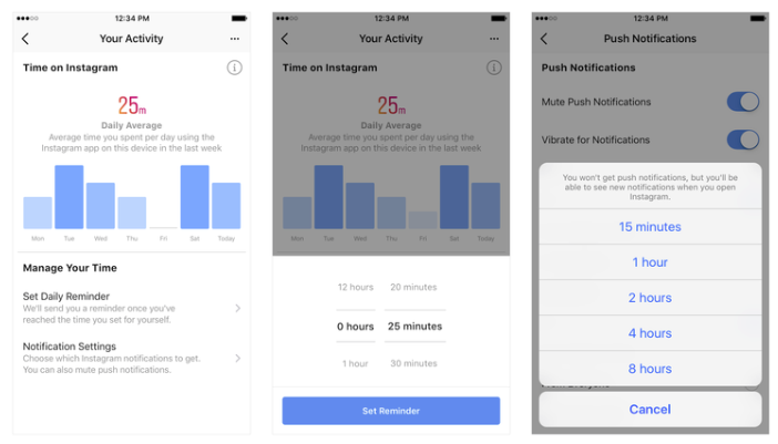 Screenshots of Instagram's activity insights dashboard