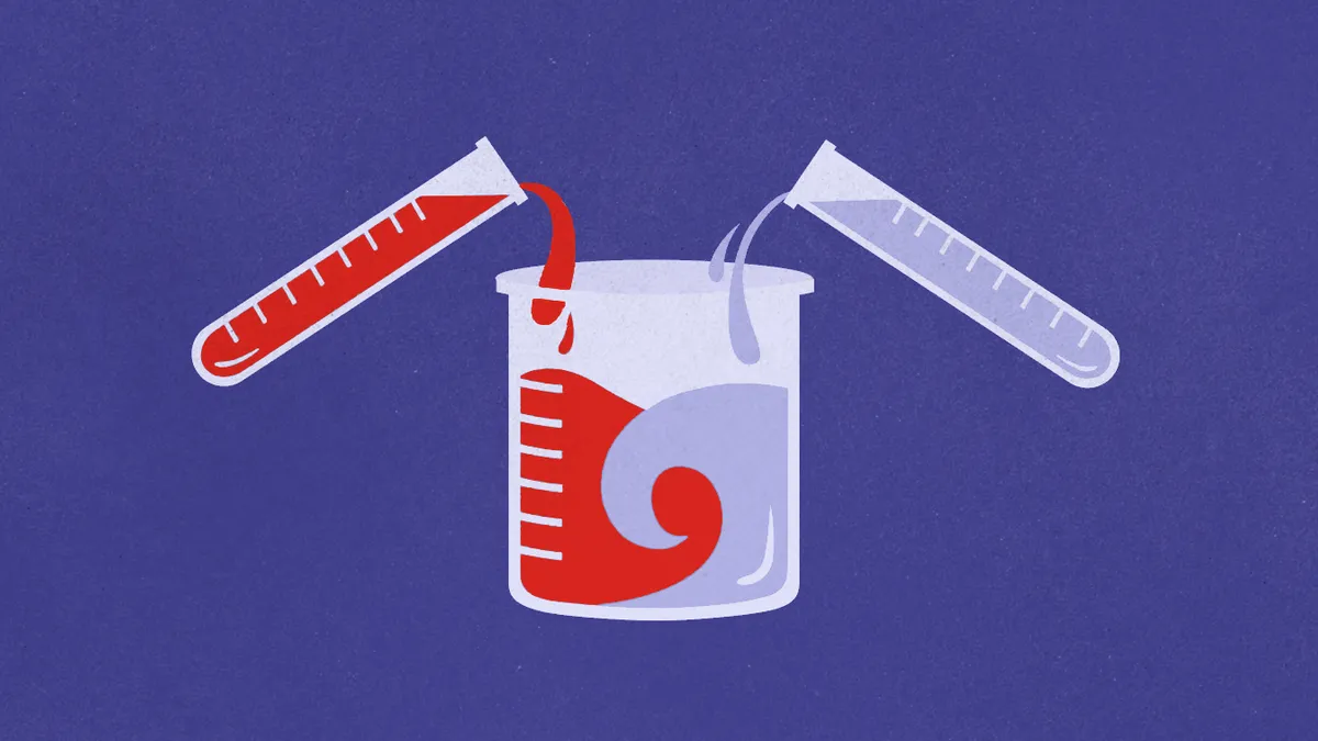 Two test tubes pour different-colored liquids into a beaker in an illustration representative of biopharma mergers.