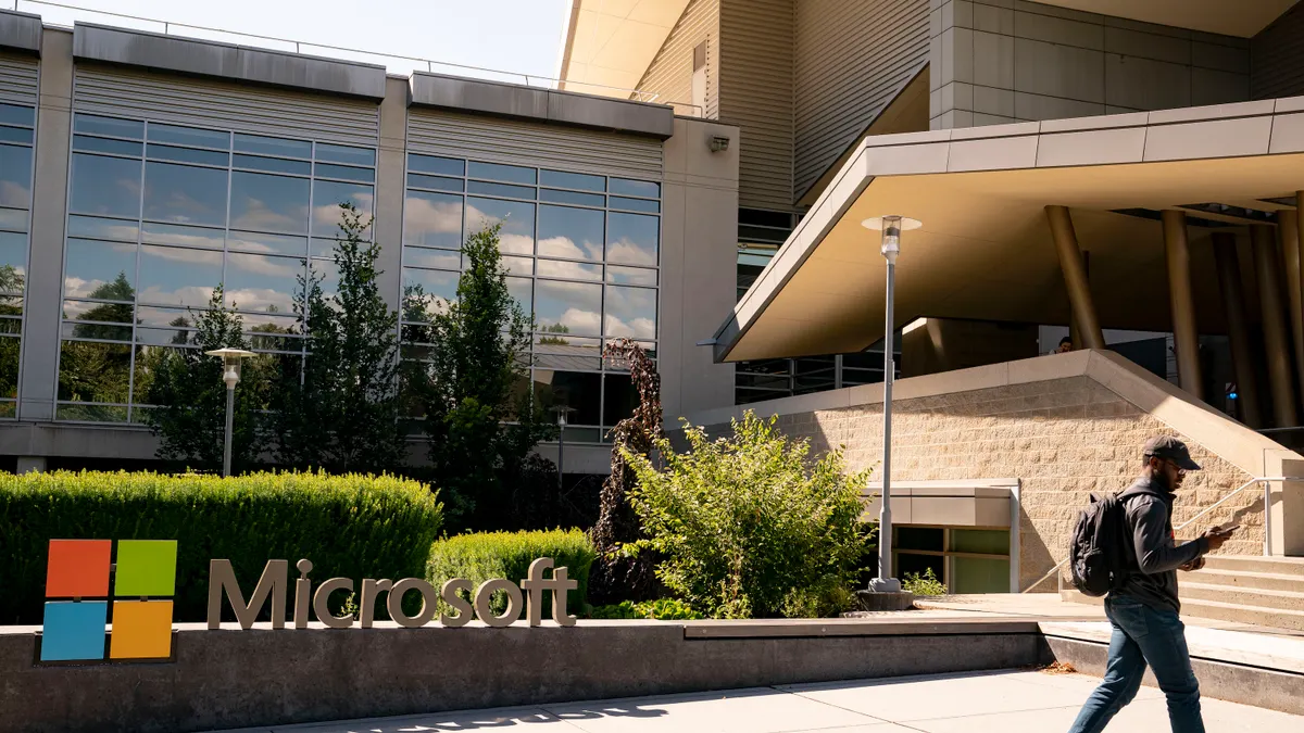 A sign is seen at the Microsoft headquarters on July 3, 2024 in Redmond, Washington.