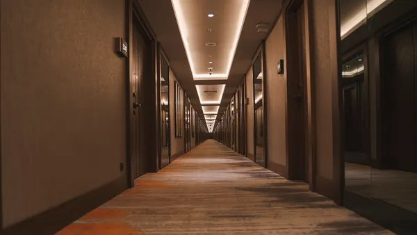 A hotel corridor.