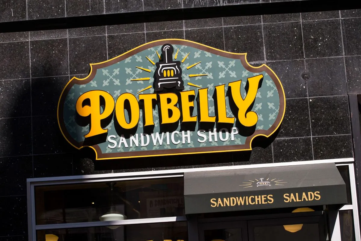 A photograph of a Potbelly sandwich shop sign.