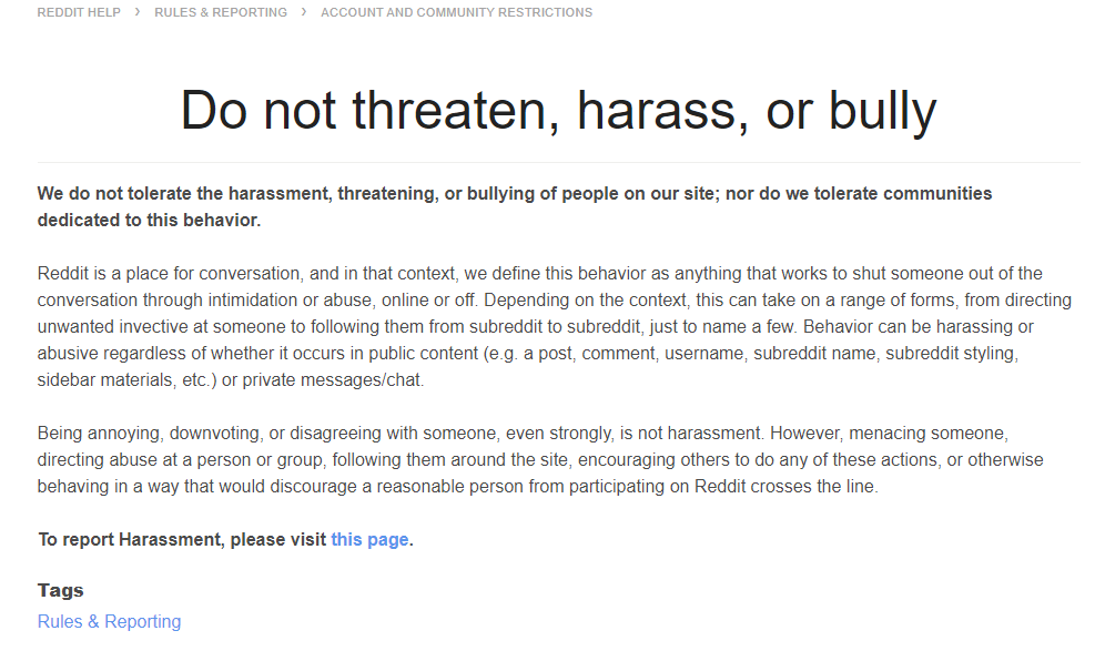 Reddit bullying policy