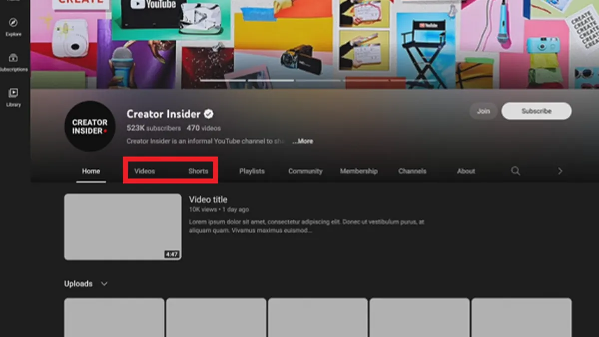YouTube channel tabs