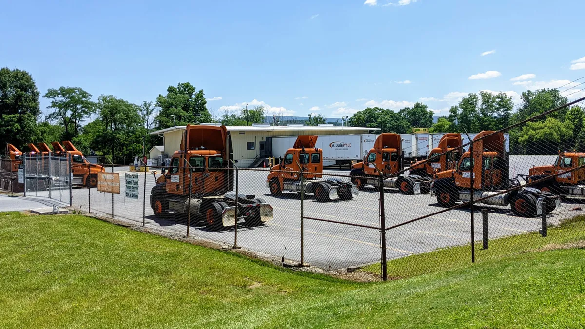 A. Duie Pyle trucks at a lot in Cresson, Pennsylvania