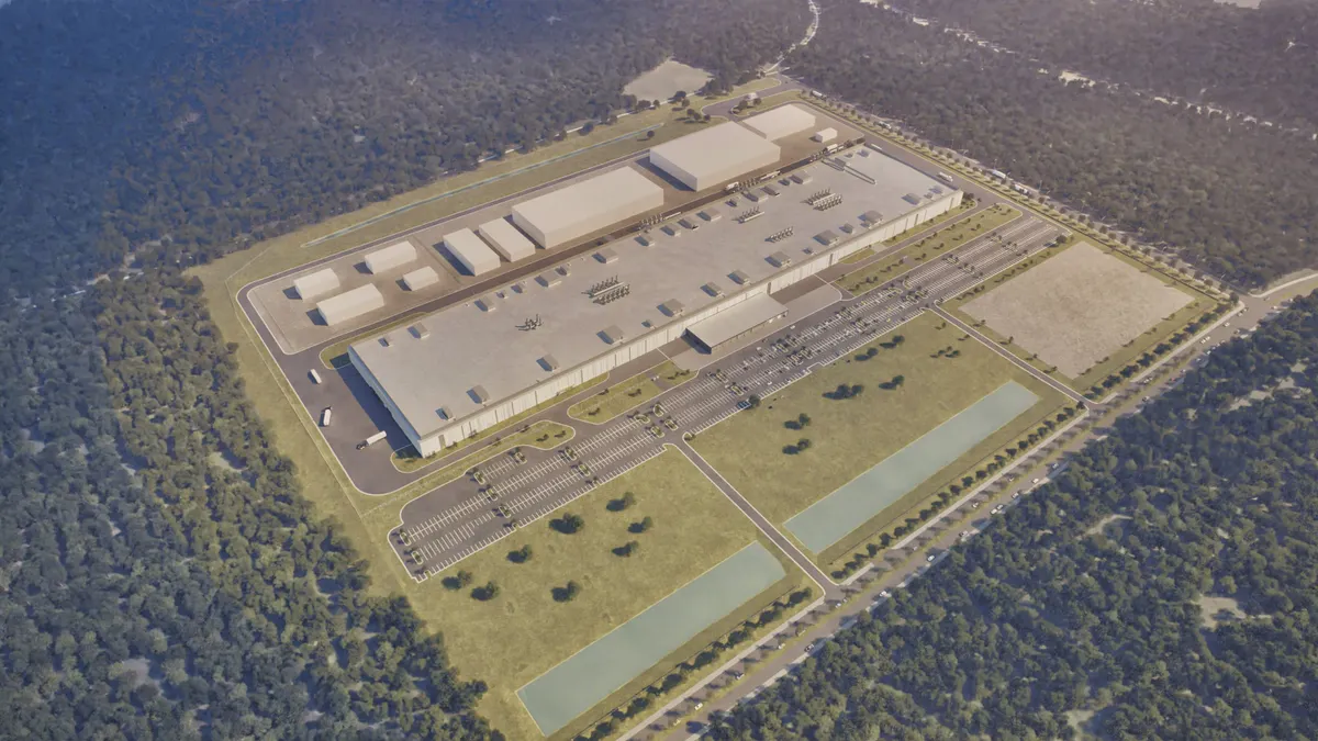 An aerial rendering of a building.