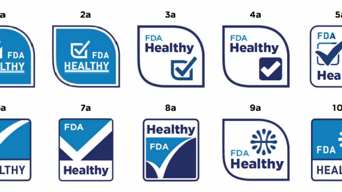 Prototypes of a "FDA Healthy" front-of-package symbol for food and drink.