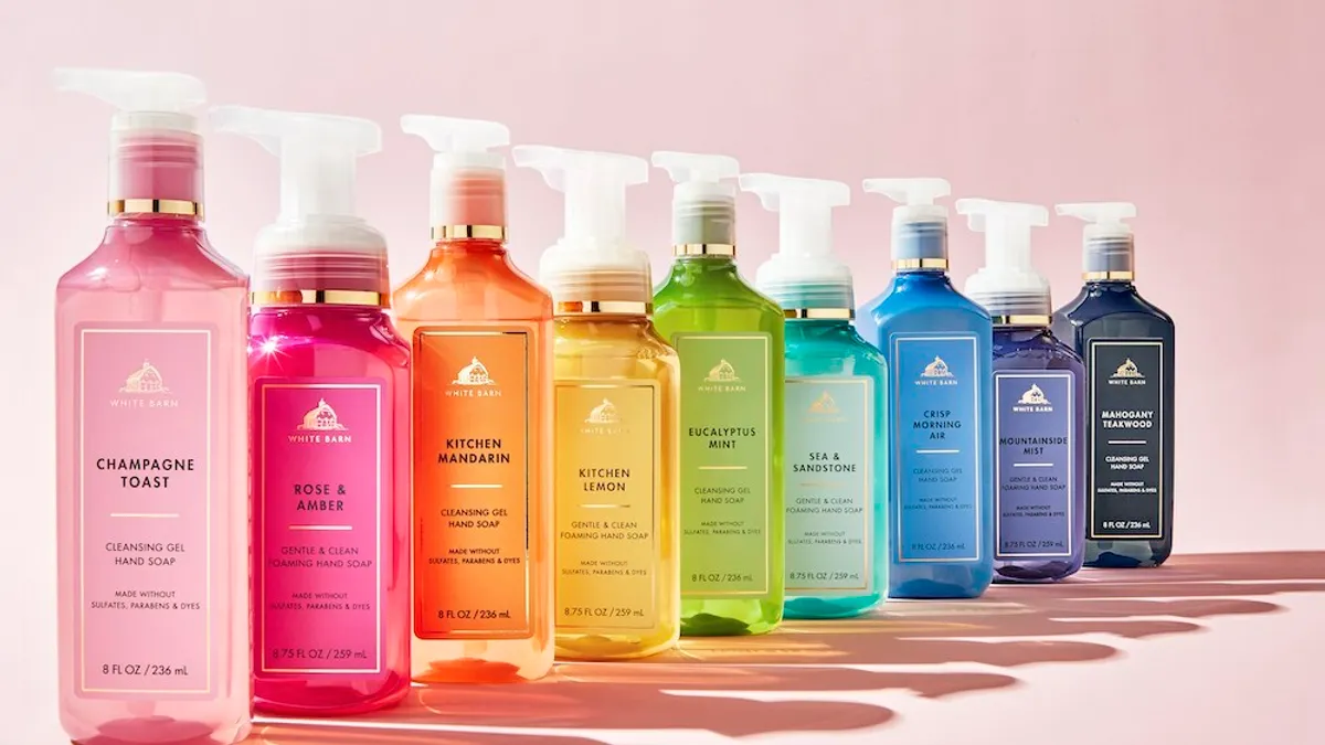 Bath & Body Works' reformulated hand soap collection, whose bottles are made with at least 50% recycled plastic.