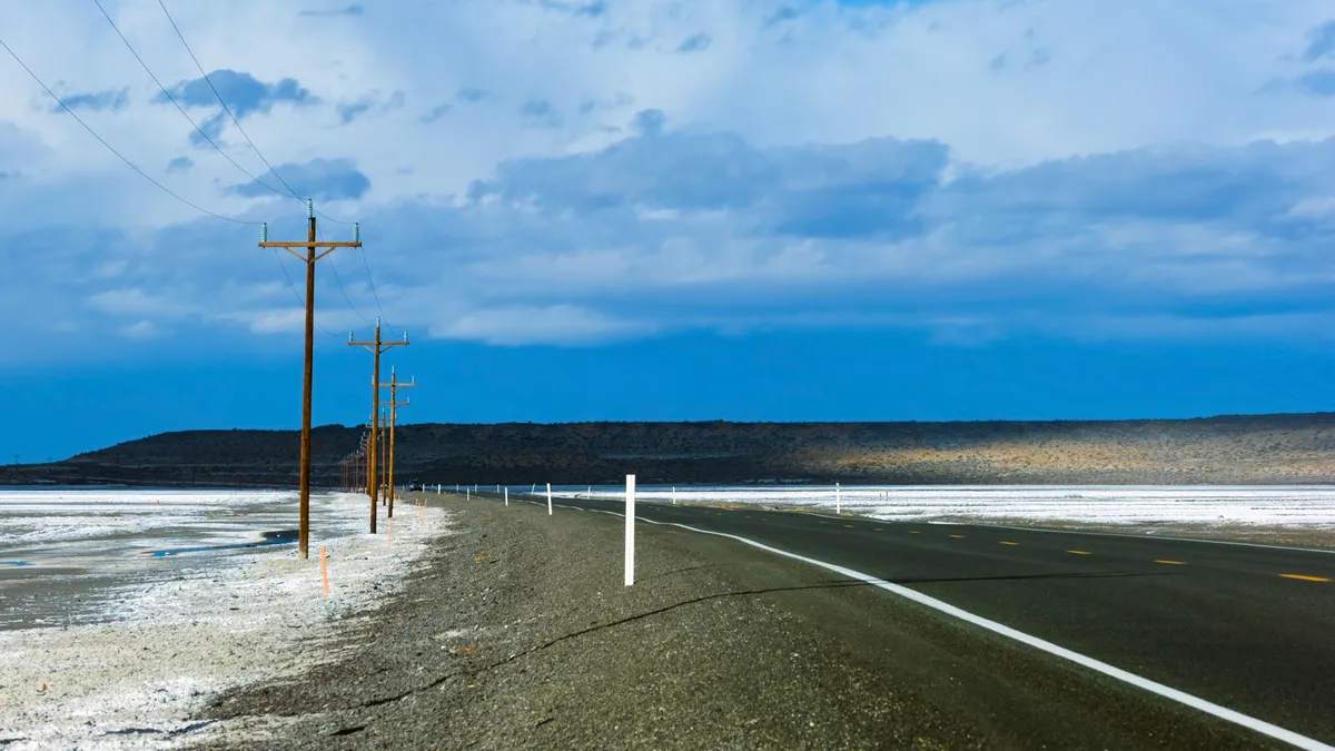 Salt flats and power lines along Highway 50 in Central Nevada