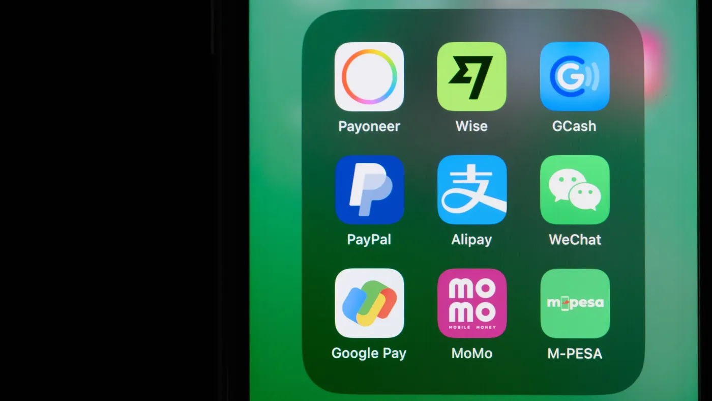 Alipay, PayPal, Payoneer, Google pay, Wise, MoMo, GCash, Wechat and M-PESA app icon on screen.