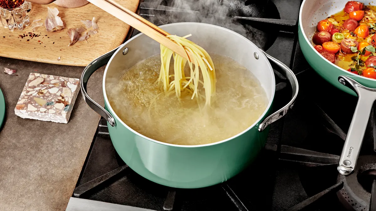 Pasta in a Caraway pot on the stove