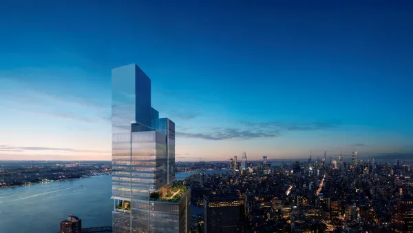 Planned Amex global headquarters set against New York City skyline.