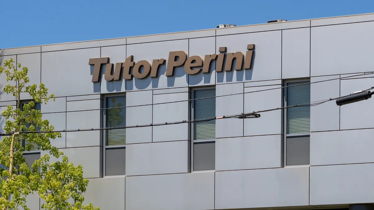 A photo shows the Los Angeles headquarters of heavy civil construction contractor Tutor Perini.