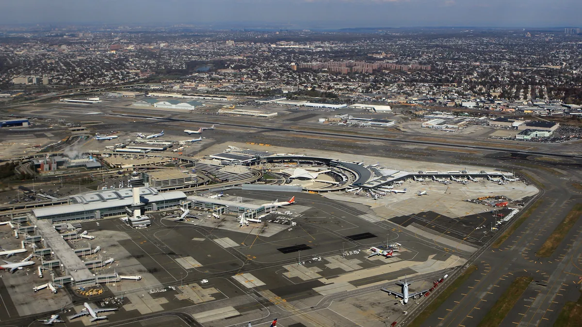 An aerial view of the Pittsburgh Airport's terminals and runways.