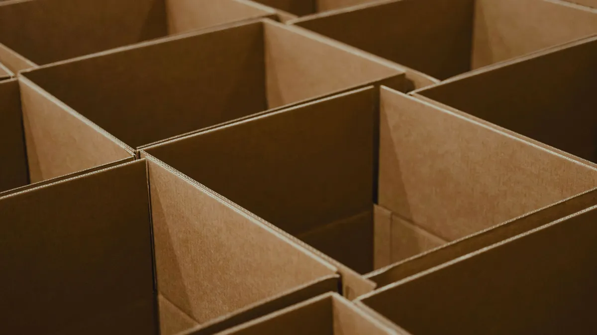 Rows of assembled cardboard boxes.