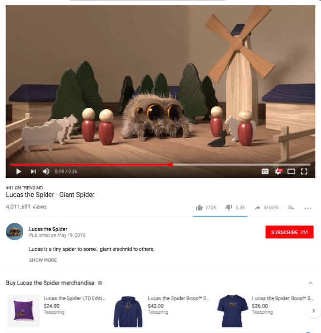 an example of YouTube's merchandise 'shelf'