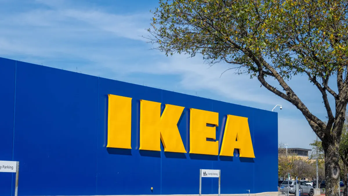Yellow Ikea logo seen on a blue backdrop outside a store in Texas.